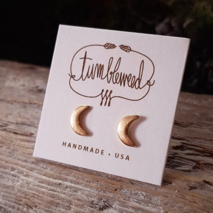 Tiny Brass Crescent Moon Stud Earrings