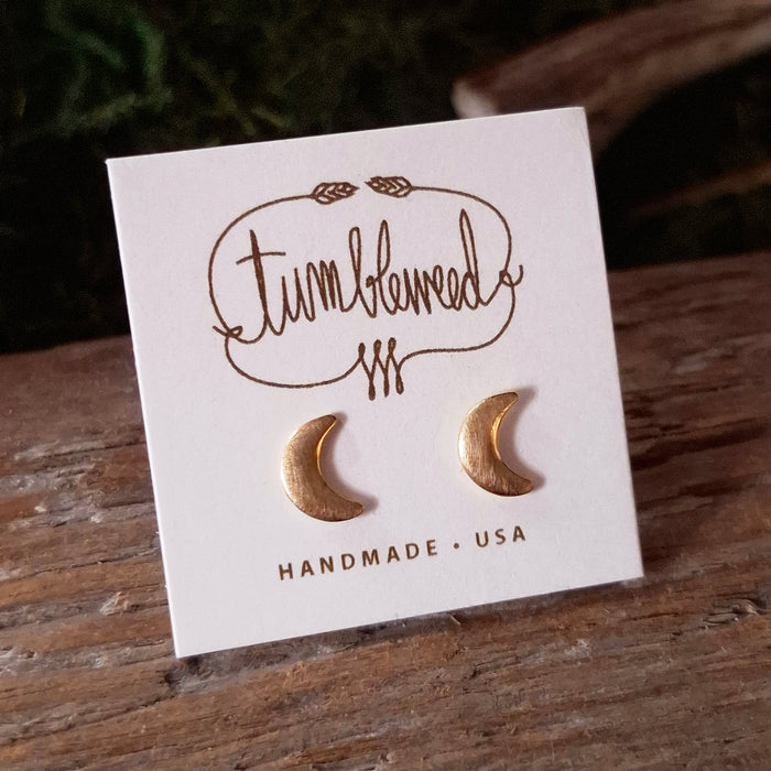 Tiny Brass Crescent Moon Stud Earrings