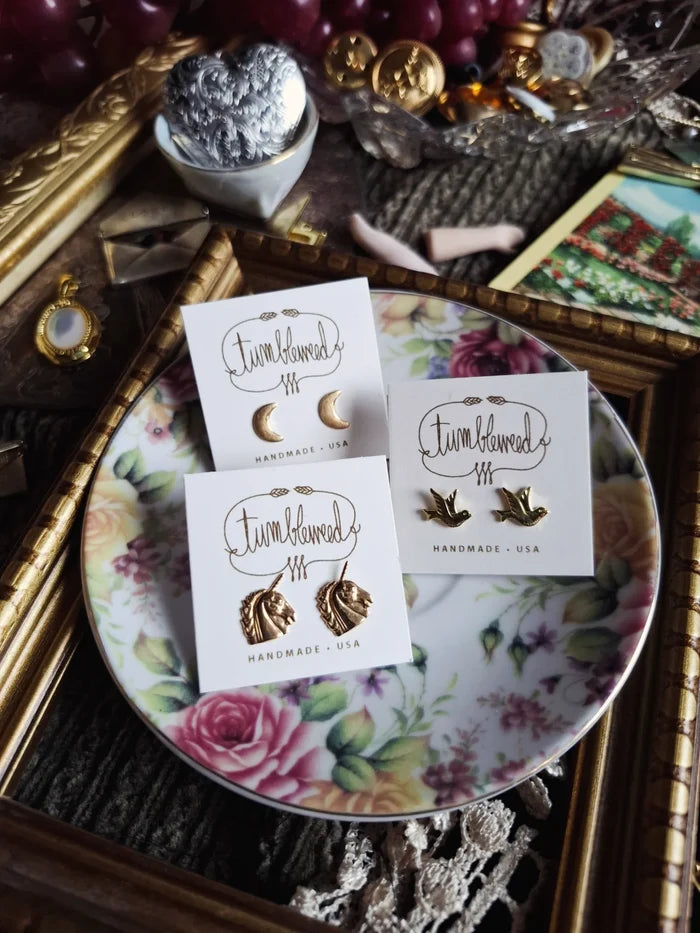 Tiny Brass Crescent Moon Stud Earrings