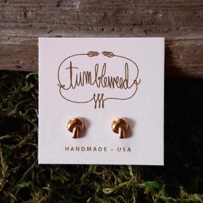 Tiny Brass Mushroom Stud Earrings
