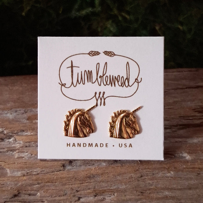 Tiny Brass Unicorn Stud Earrings