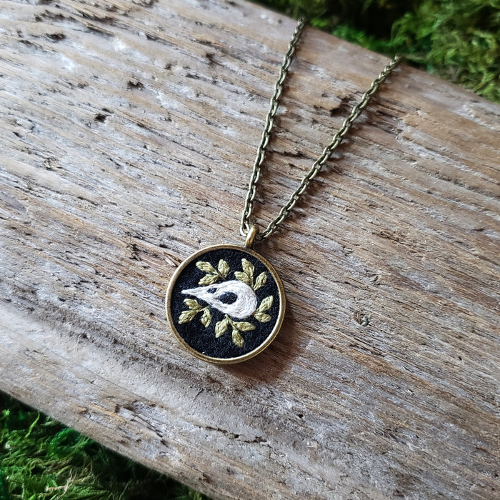 Tiny Embroidered Bird Skull Necklace