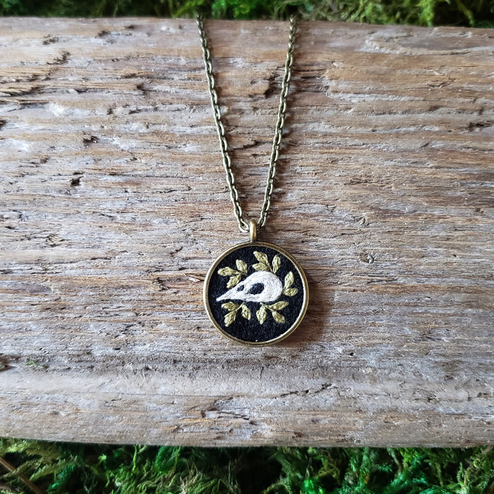 Tiny Embroidered Bird Skull Necklace