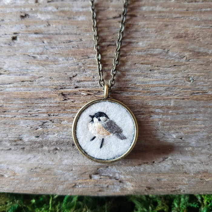 Tiny Embroidered Chickadee Necklace