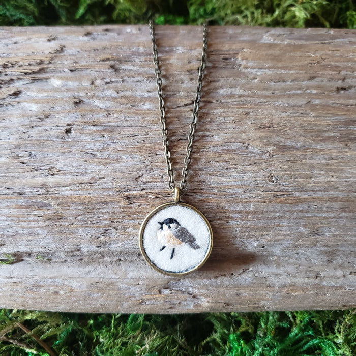 Tiny Embroidered Chickadee Necklace