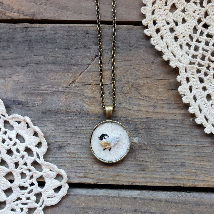 Tiny Embroidered Chickadee Necklace