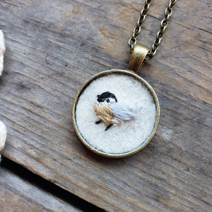 Tiny Embroidered Chickadee Necklace