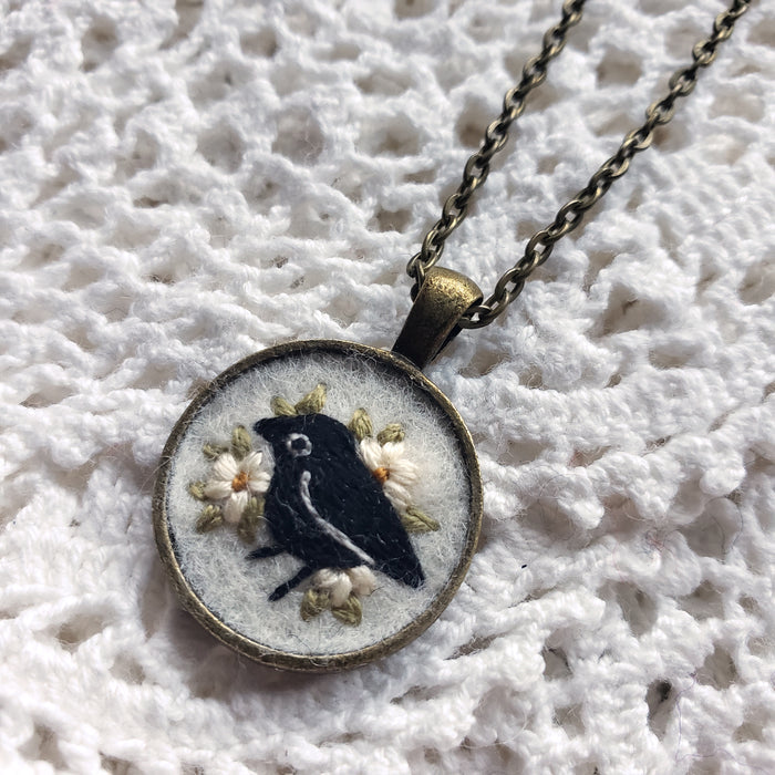 Tiny Embroidered Crow & Flowers Necklace