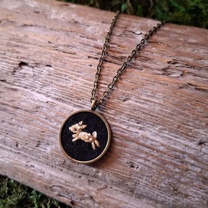 Tiny Embroidered Fawn Necklace