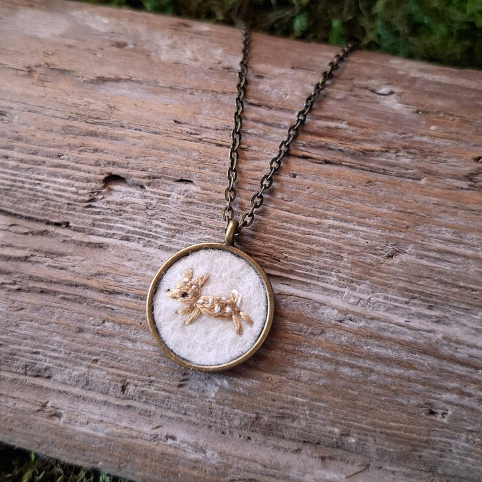 Tiny Embroidered Fawn Necklace