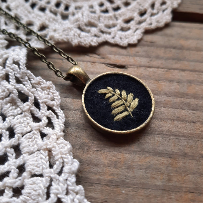 Tiny Embroidered Fern Leaf Necklace