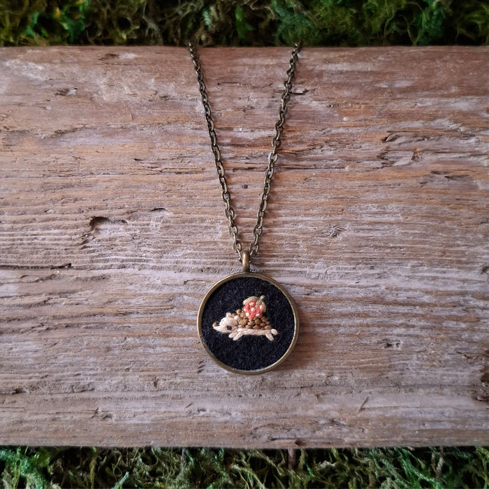 Tiny Embroidered Hedgehog Necklace