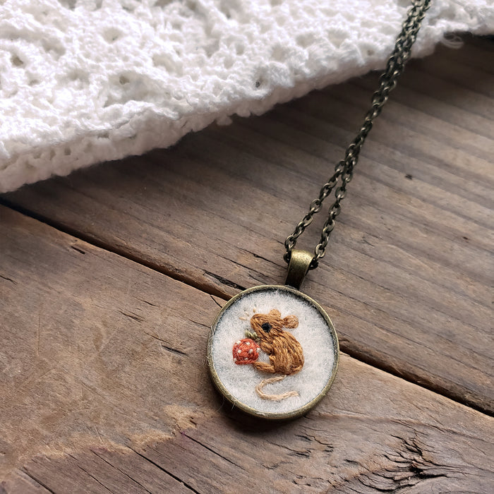 Tiny Embroidered Mouse & Strawberry Necklace