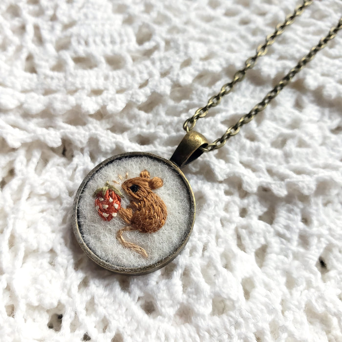 Tiny Embroidered Mouse & Strawberry Necklace