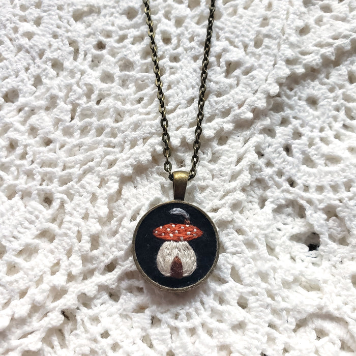 Tiny Embroidered Mushroom House Necklace