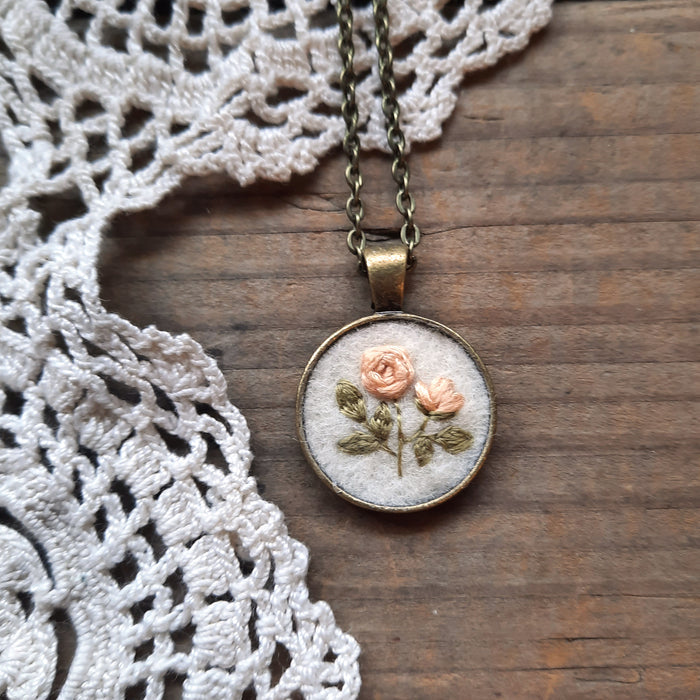 Tiny Embroidered Pink Rose Necklace