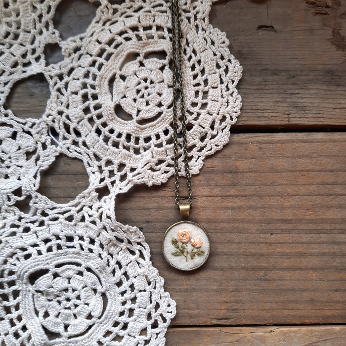 Tiny Embroidered Pink Rose Necklace