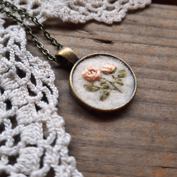 Tiny Embroidered Pink Rose Necklace