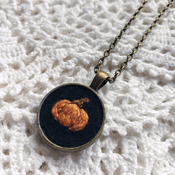 Tiny Embroidered Pumpkin Necklace