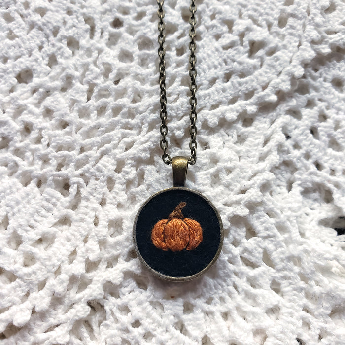 Tiny Embroidered Pumpkin Necklace