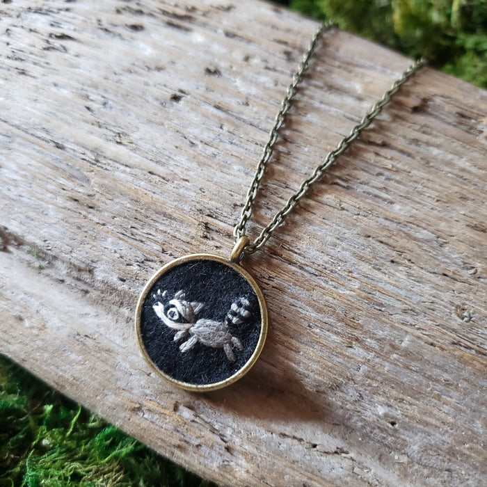 Tiny Embroidered Raccoon Necklace