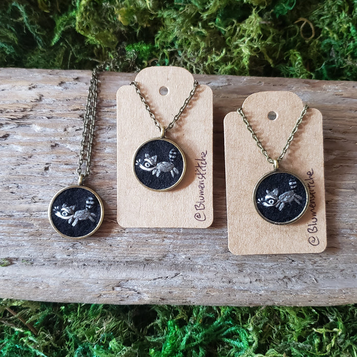 Tiny Embroidered Raccoon Necklace