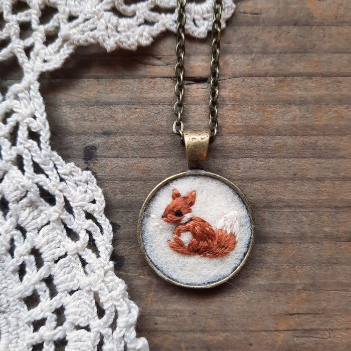 Tiny Embroidered Red Fox Necklace