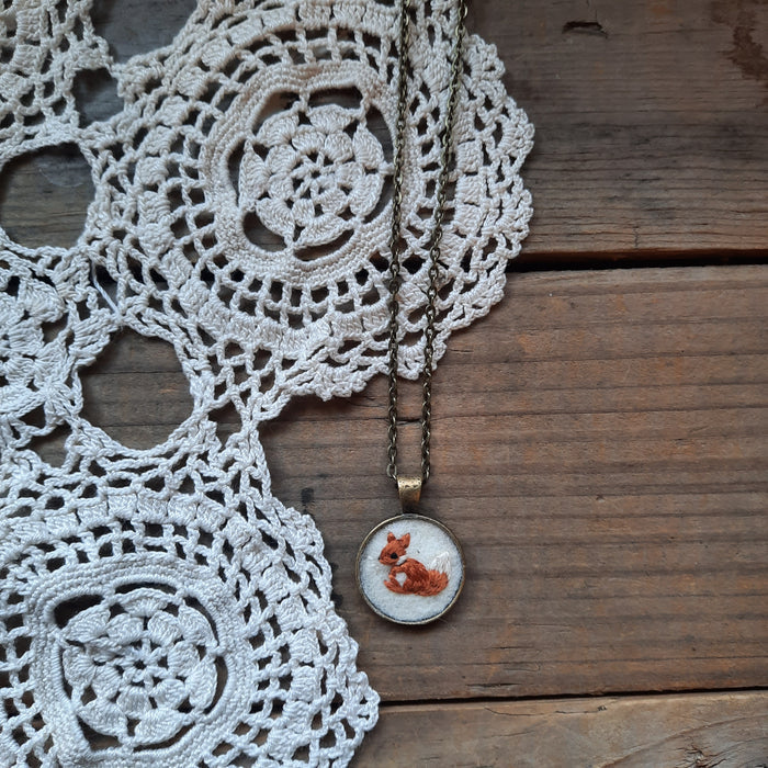 Tiny Embroidered Red Fox Necklace