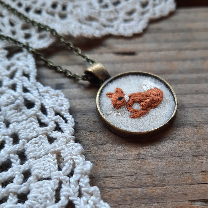 Tiny Embroidered Red Fox Necklace