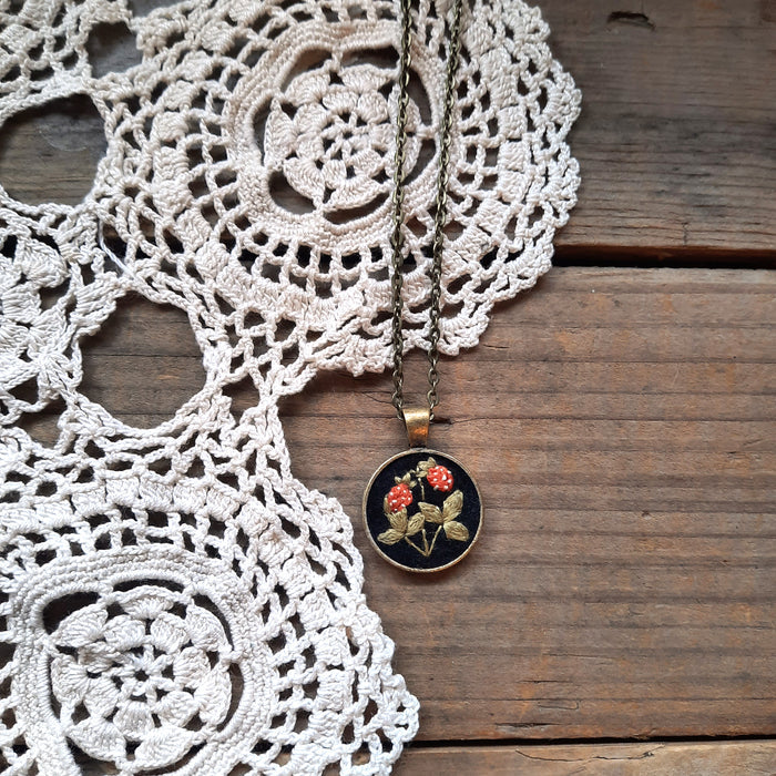 Tiny Embroidered Strawberry Necklace
