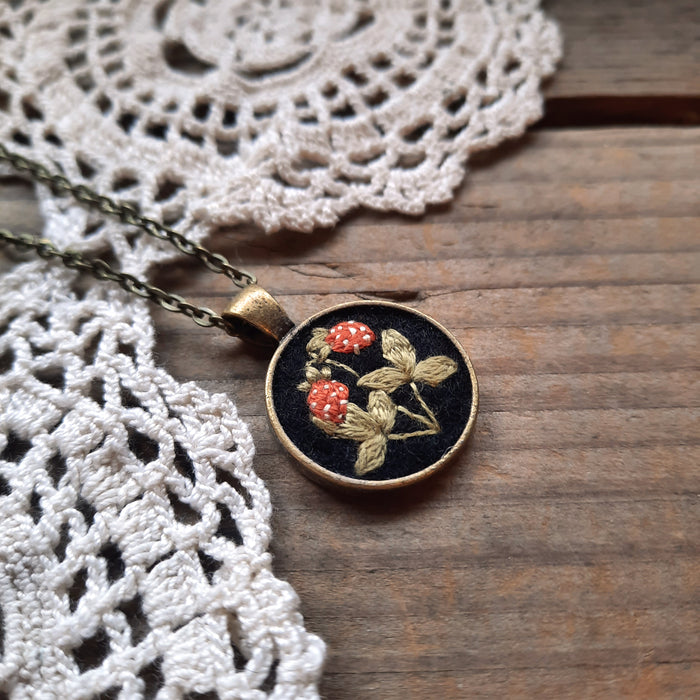 Tiny Embroidered Strawberry Necklace