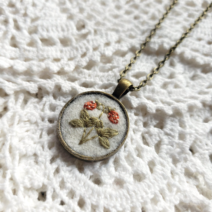 Tiny Embroidered Strawberry Necklace