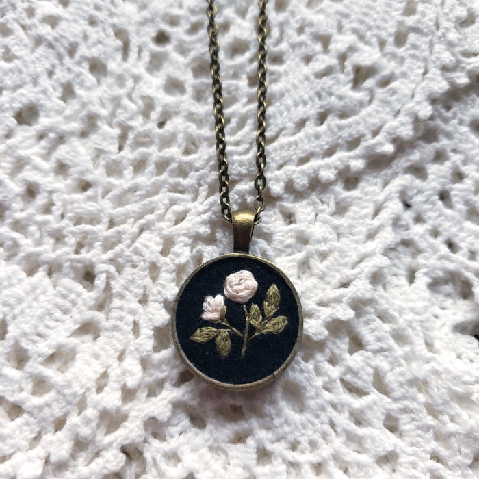 Tiny Embroidered White Rose Necklace