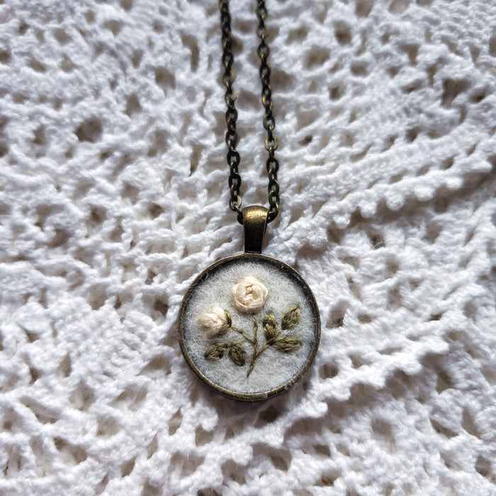Tiny Embroidered White Rose Necklace