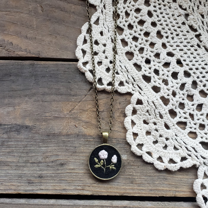 Tiny Embroidered White Rose Necklace