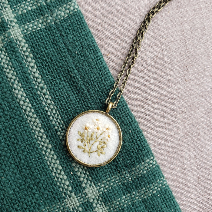 Tiny Embroidered White Wildflower Necklace