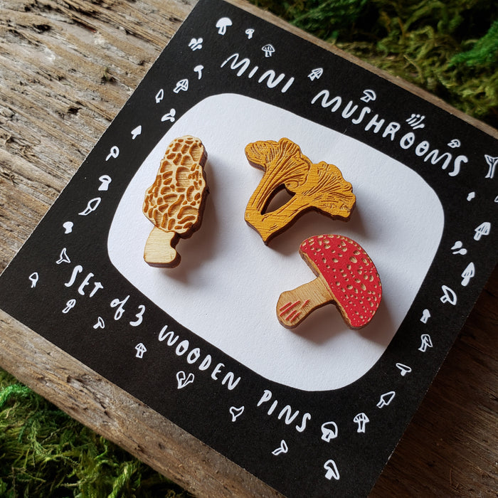 Tiny Wooden Mushroom Pins, Set of 3
