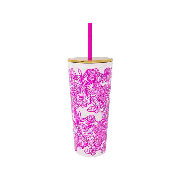 Tumbler with pink floral pattern and gold lid on a white background