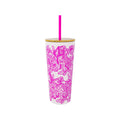 Tumbler with pink floral pattern and gold lid on a white background