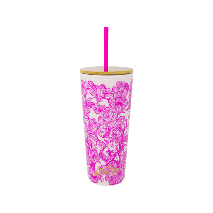 Tumbler with pink floral design and gold lid on a white background