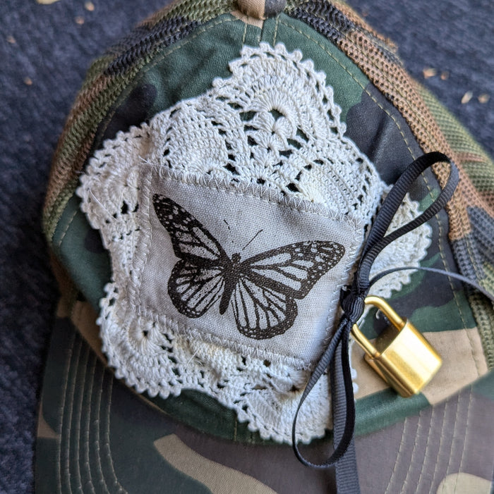 Upcycled Butterfly and Lock Camo Baseball Hat