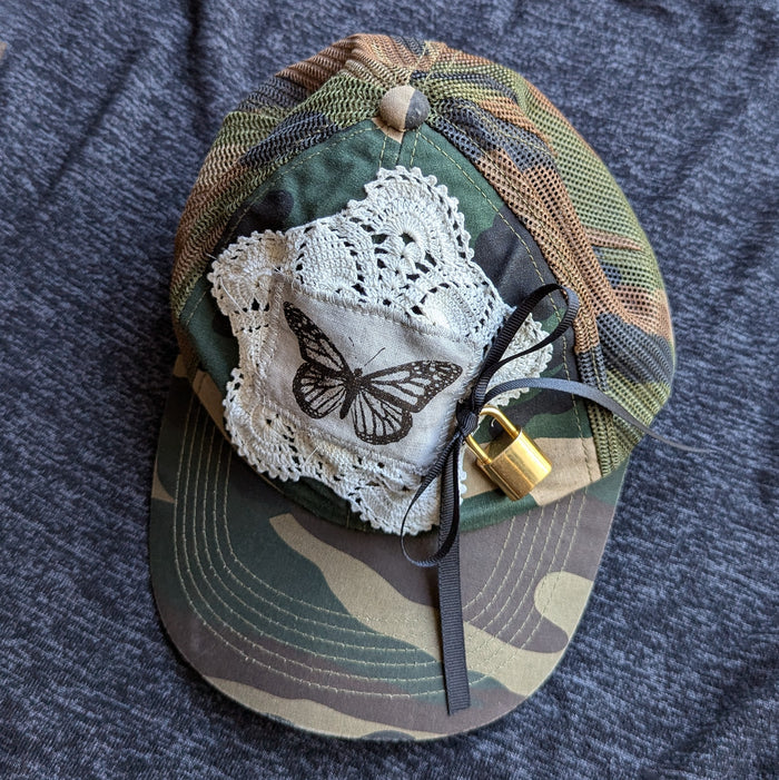 Upcycled Butterfly and Lock Camo Baseball Hat