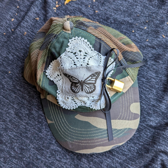 Upcycled Butterfly and Lock Camo Baseball Hat