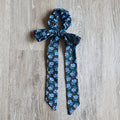 Upcycled Long Ribbon Scrunchie (Blue Black Floral Print)