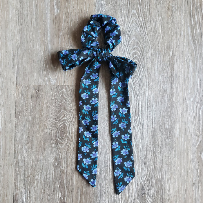Upcycled Long Ribbon Scrunchie (Blue Black Floral Print)