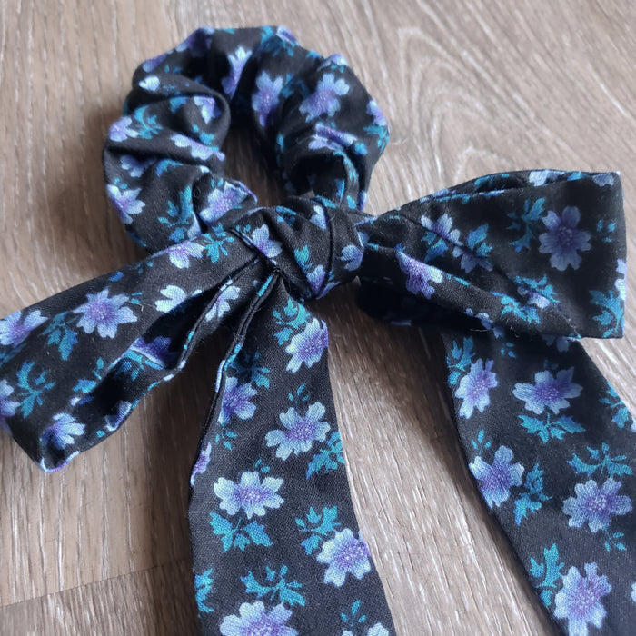 Upcycled Long Ribbon Scrunchie (Blue Black Floral Print)