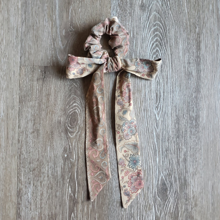 Upcycled Long Ribbon Scrunchie (Tan Floral Print)