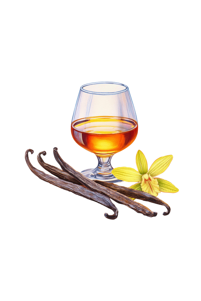 Rustic Strength - botanical image of a bourbon snifter with vanilla beans and orchid representing Vanilla Bourbon scent