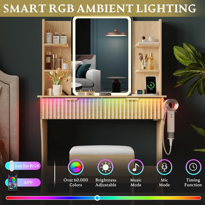 Vanity Desk with LED Lights Mirror - Canva Home