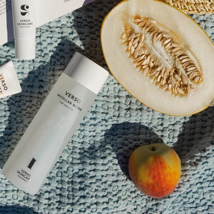 Verso Micellar Water 200ml facial cleanser with niacinamide, visibly calming and hydrating skin in a clear bottle
